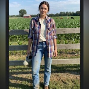 Sears vintage cotton plaid shirt western pearl button L 16.5